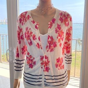 Floral Ann Taylor cardigan-Size LP Black Strips at bottom and sleeves